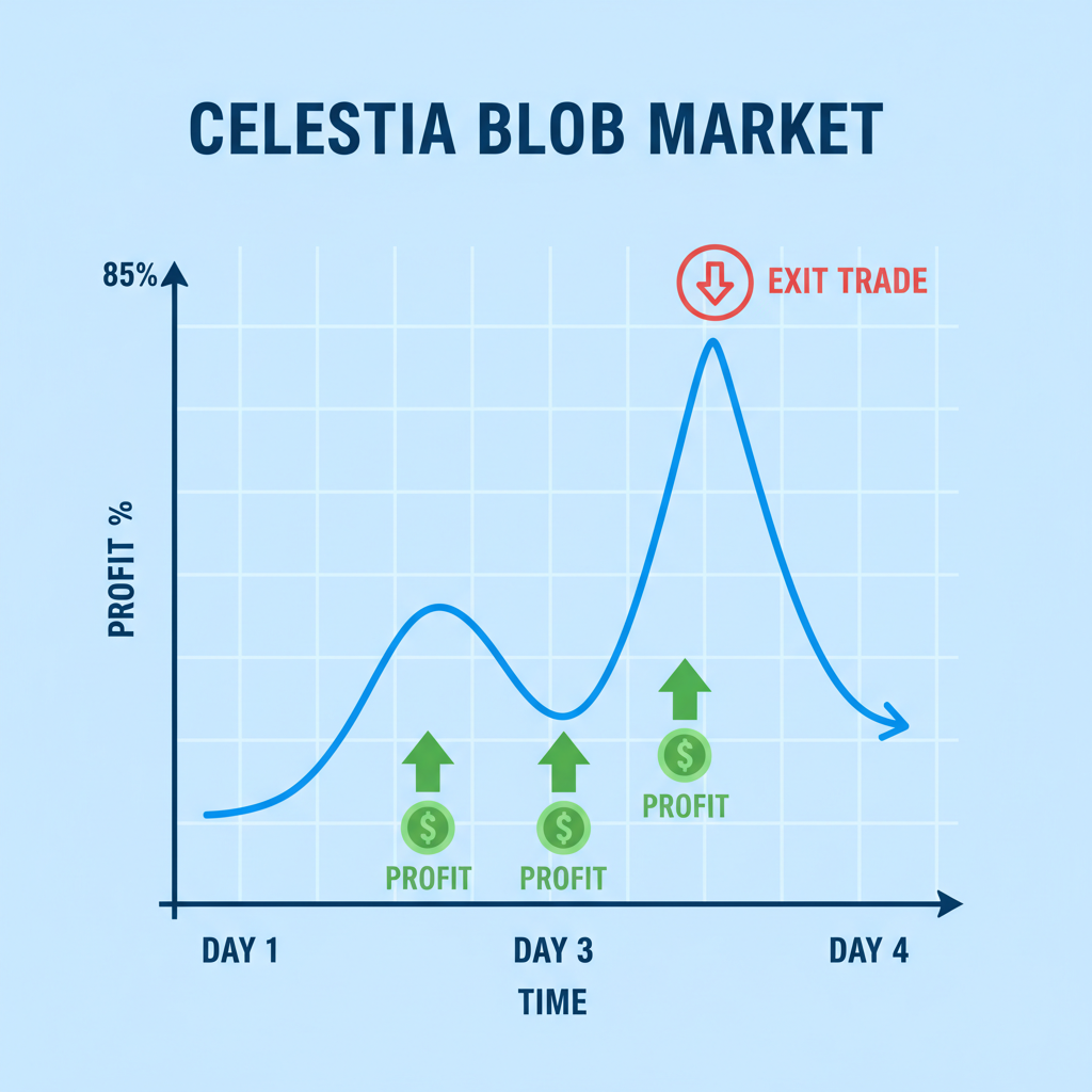 exit trade signal on Celestia blob market chart peaking at 85%, green profit arrows, digital display