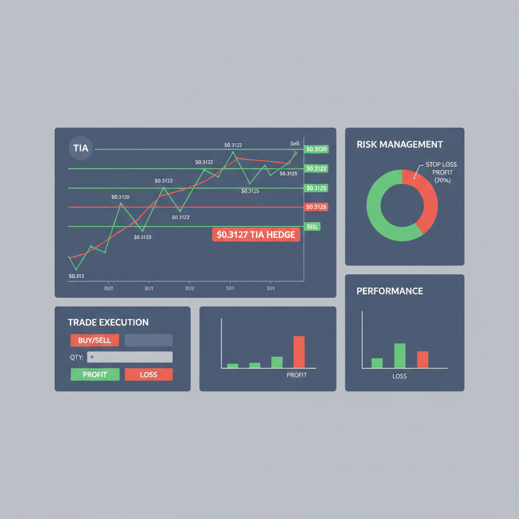 layered scalping trades with TIA hedge chart at $0.3127, multi-panel strategy dashboard, crypto trading setup