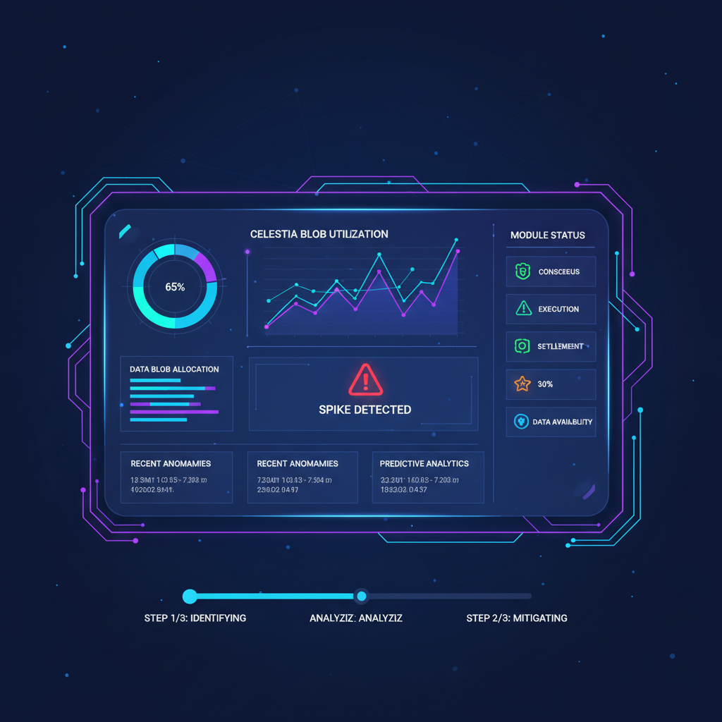 futuristic AI dashboard monitoring Celestia blob utilization spikes, glowing charts, neon blues and purples