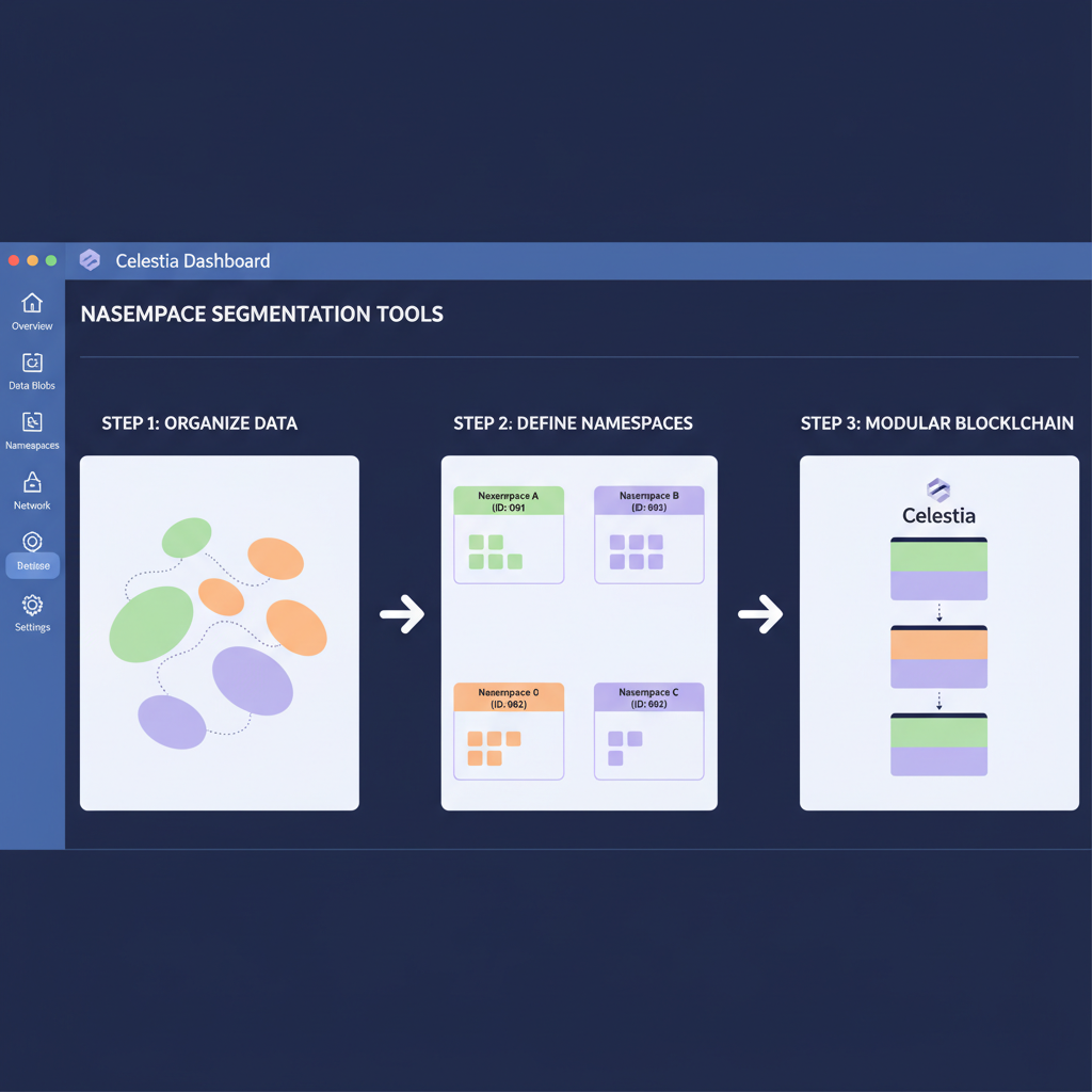 namespace segmentation tools on Celestia dashboard, data blobs organized, modular blockchain visualization