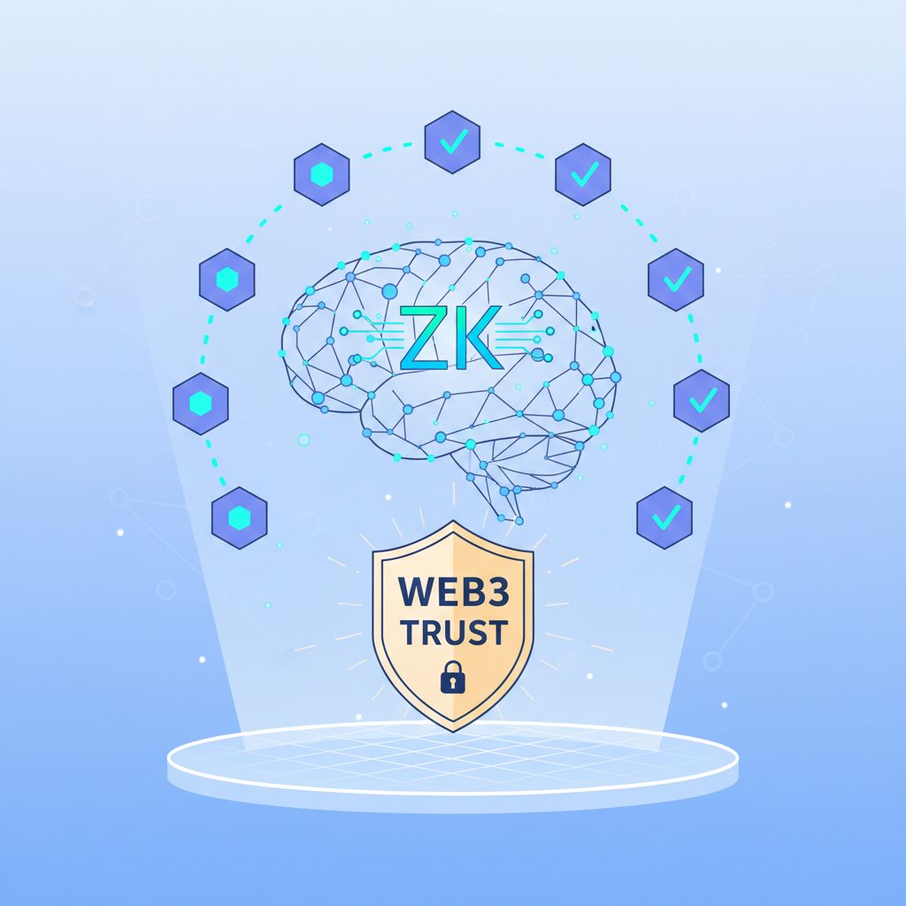 ai brain scanning zk proof, verification nodes lighting up, web3 trust shield, holographic display