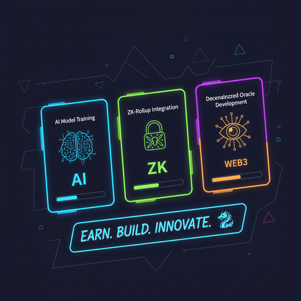 vibrant web3 bounty dashboard with task cards, ai and zk icons, motivational cyberpunk style