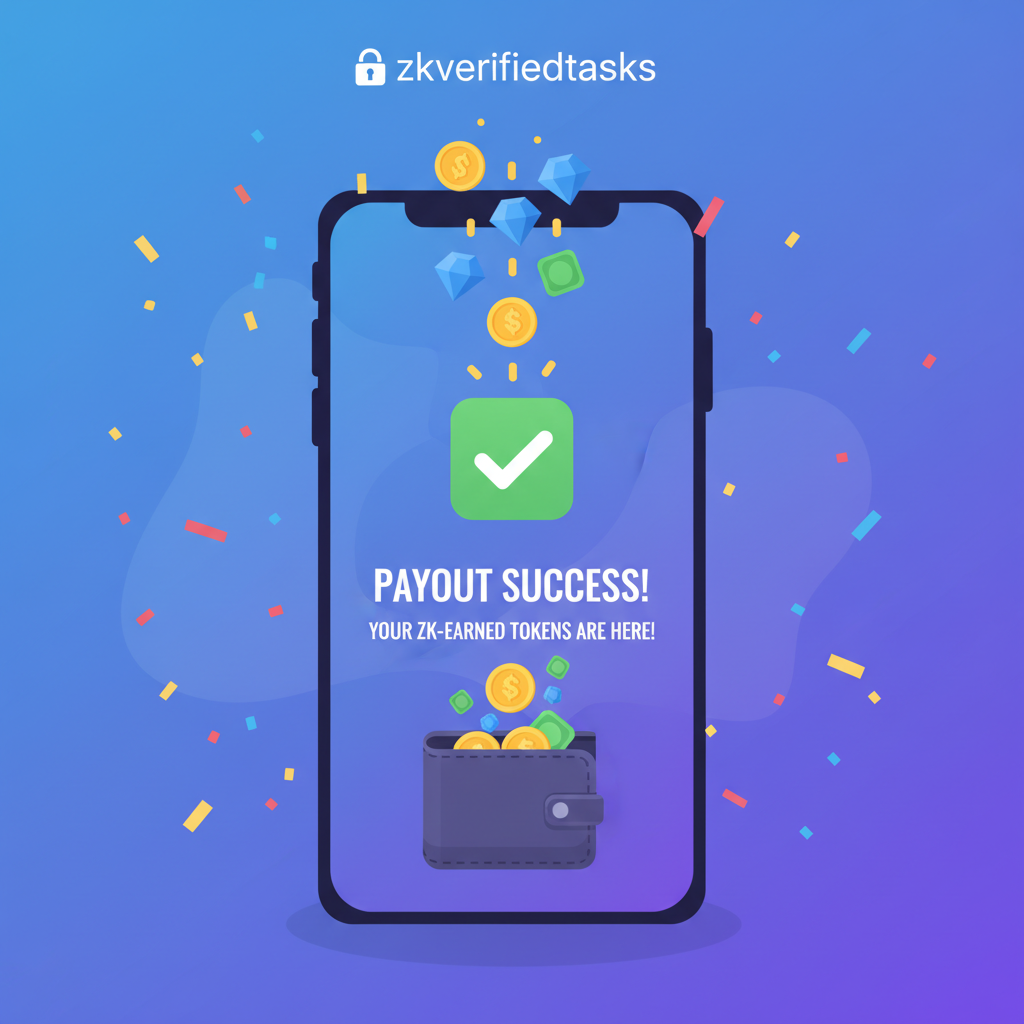 crypto payout success screen, tokens raining into wallet, celebration confetti, zkverifiedtasks branding