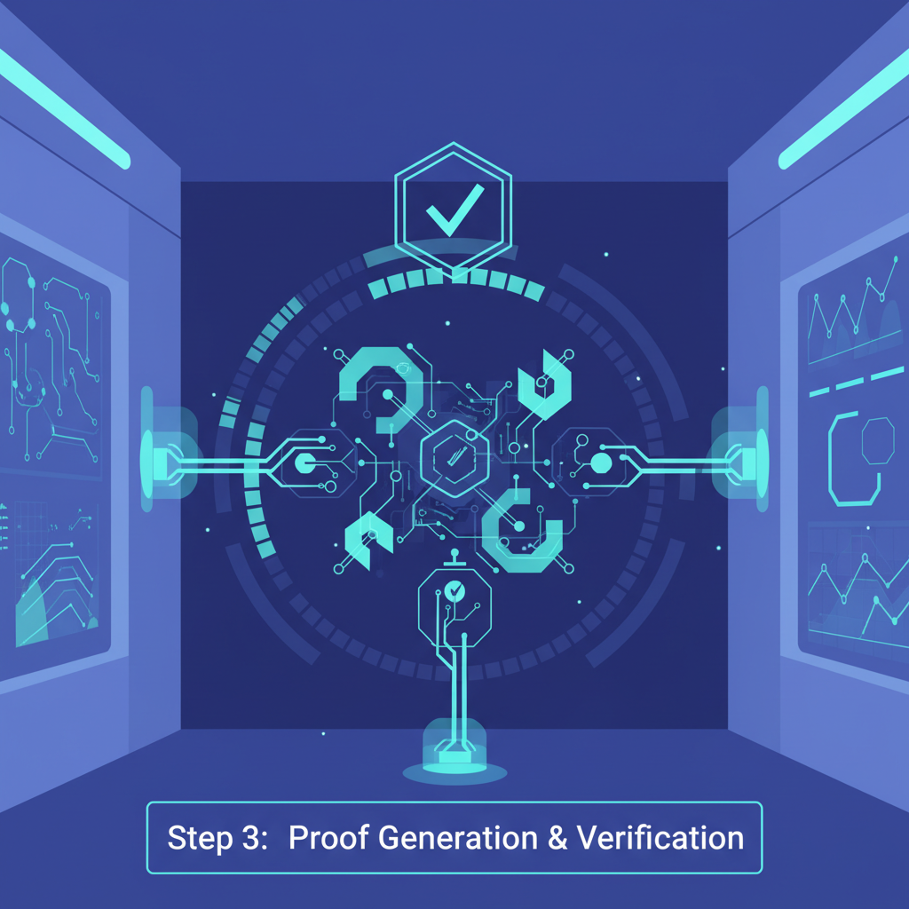 generating zk proof animation, cryptographic proofs forming, glowing circuits, sci-fi verification chamber