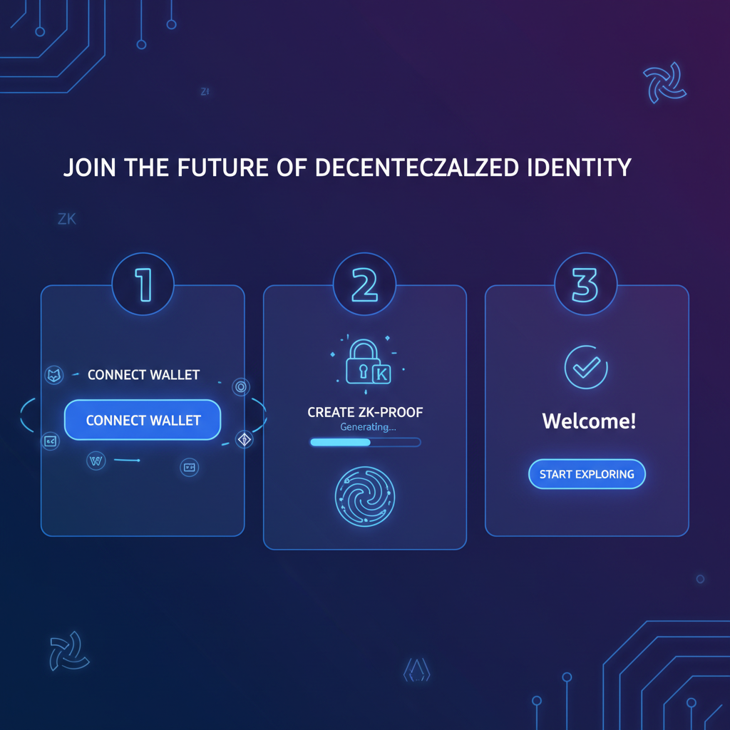 sleek web3 signup page with wallet connect button glowing, zk symbols, futuristic blue neon interface