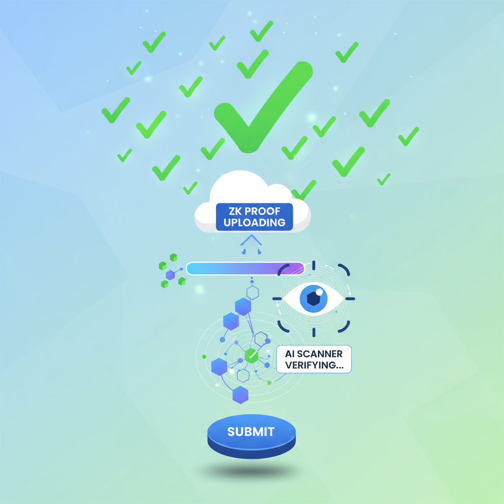submit button pressed on web3 platform, zk proof uploading, ai scanner verifying, green checkmarks exploding