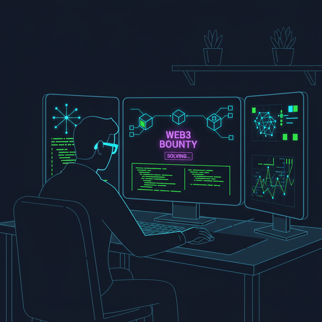 hacker at desk solving web3 bounty task, ai models and code on screens, intense focus, dark mode neon glow
