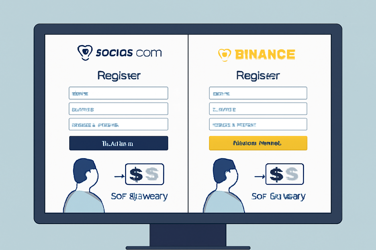 A computer screen displaying Socios.com and Binance registration pages side by side, with a user entering details and verifying identity, modern UI, clear branding