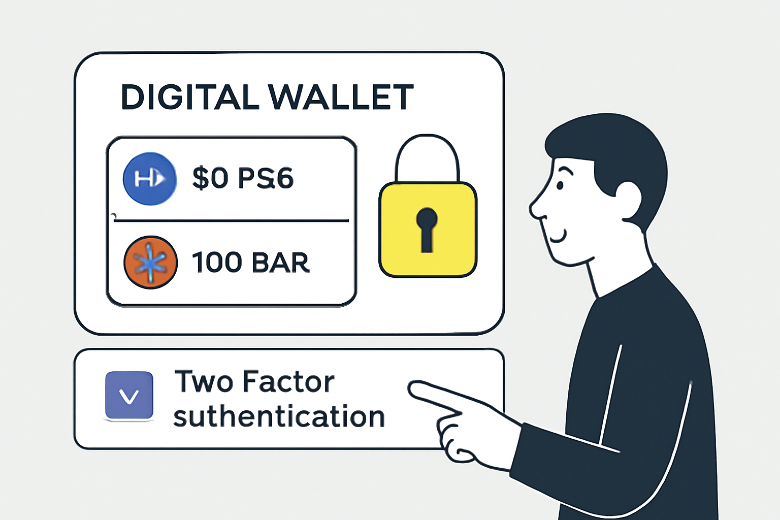A digital wallet interface showing PSG and BAR tokens, a padlock symbolizing security, user enabling two-factor authentication, safe and modern design