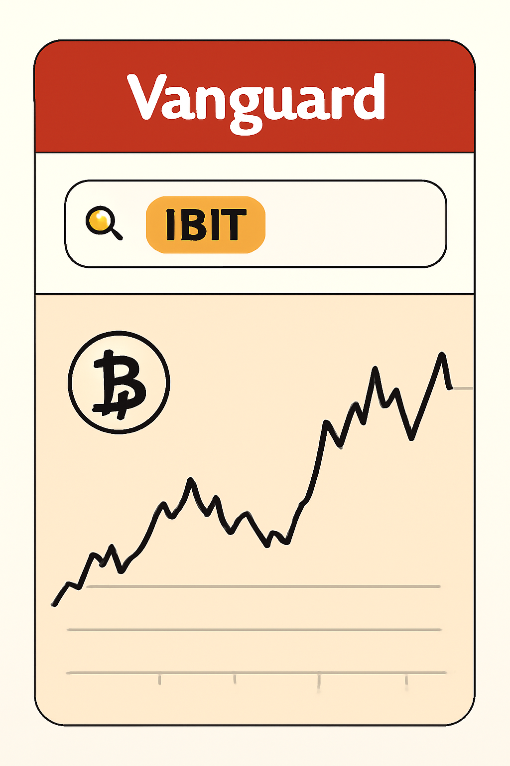 Vanguard app search bar with IBIT ticker highlighted, bitcoin chart background