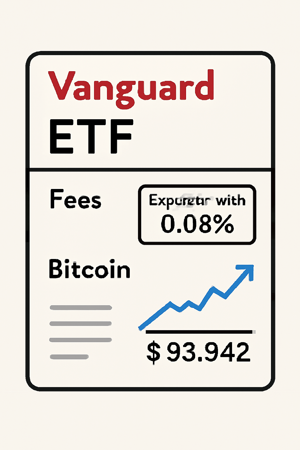 Vanguard ETF details page showing fees and bitcoin price chart at $93942