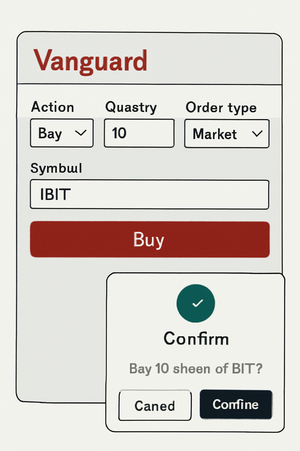 Vanguard trade order screen with buy button for IBIT, confirmation popup