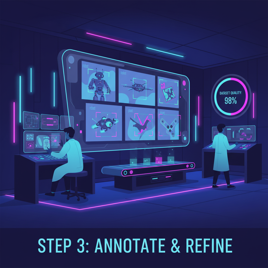 curating high-quality computer vision dataset, images with labels bounding boxes, futuristic data lab neon glow