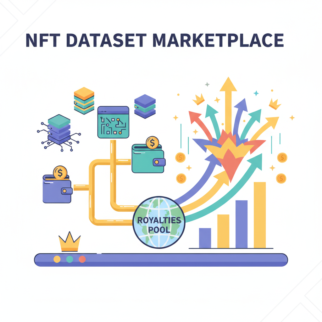 NFT dataset selling marketplace money royalties flowing charts exploding upward