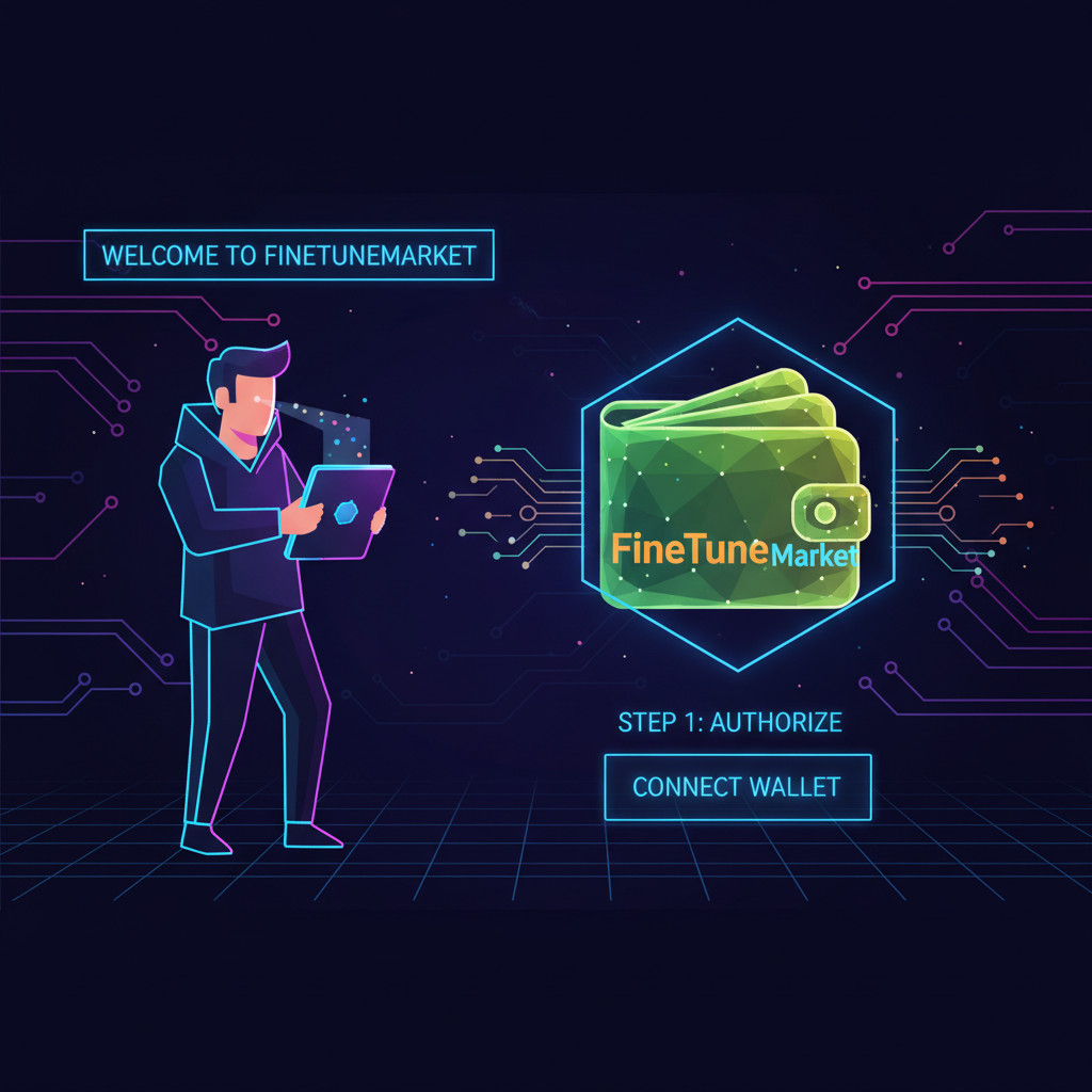 user signing up connecting wallet to FineTuneMarket blockchain platform, cyberpunk UI neon lights