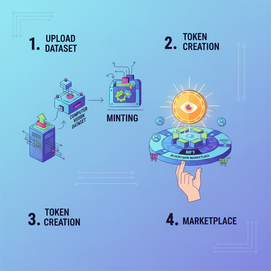 uploading computer vision dataset minting NFT blockchain marketplace glowing token creation