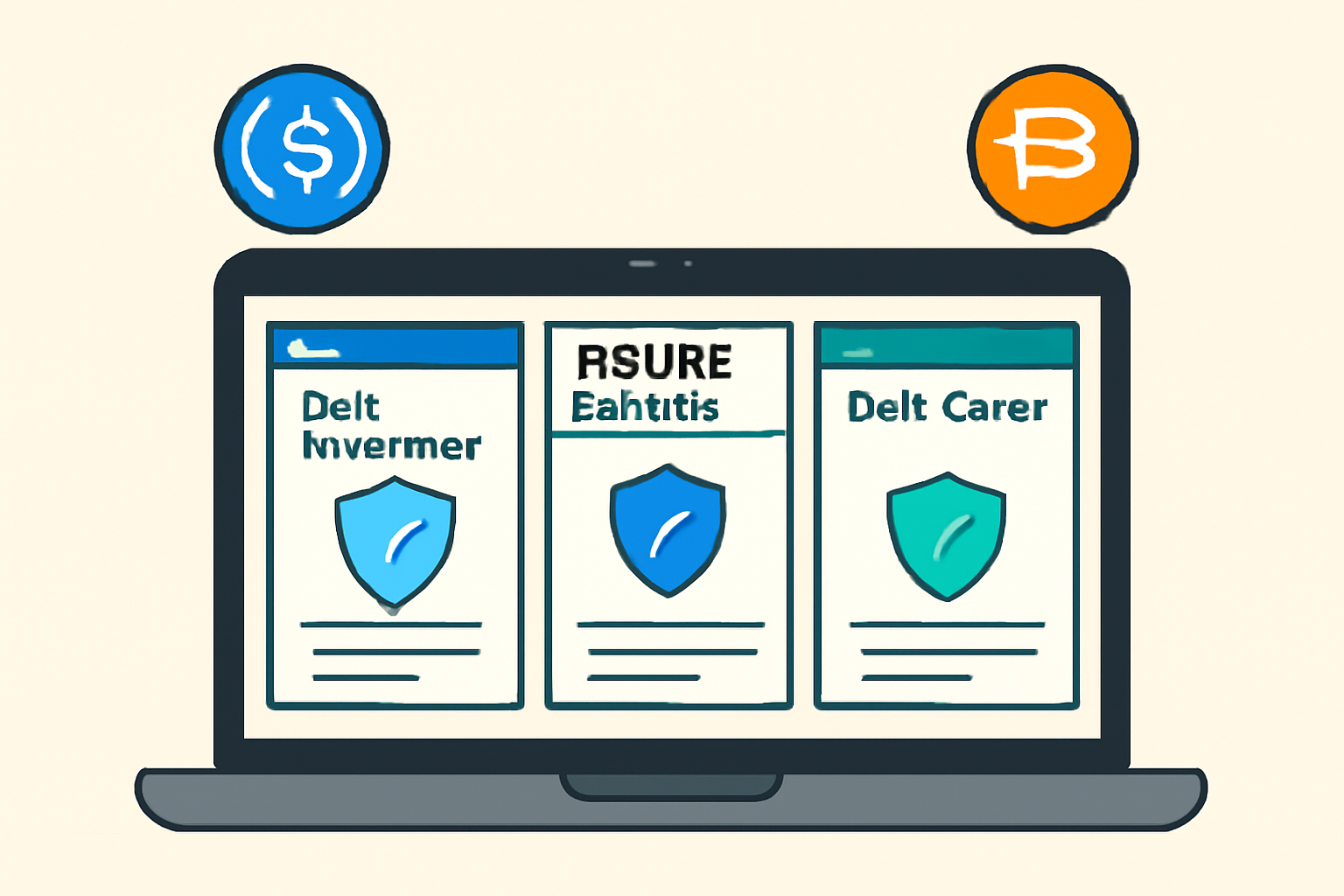 A laptop screen displaying several DeFi insurance protocol websites side by side, with icons of popular stablecoins like USDC and DAI.