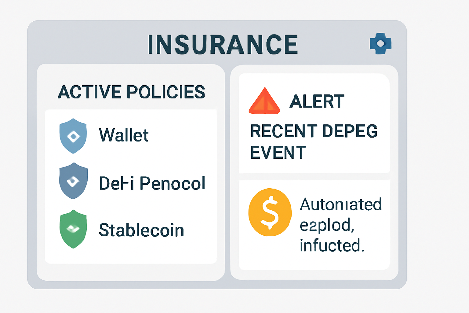 A dashboard showing active insurance policies and an alert for a recent depeg event, with an automated payout notification.
