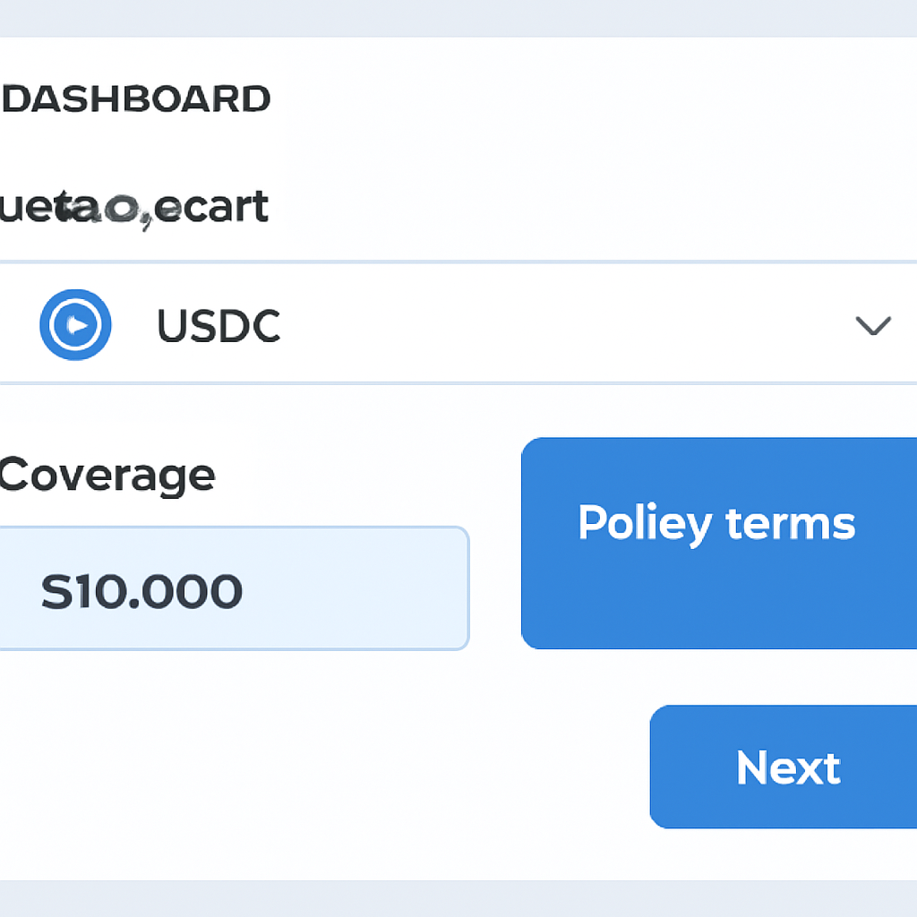 A digital dashboard where a user selects USDC, enters $10,000 as coverage, and sees policy terms highlighted.