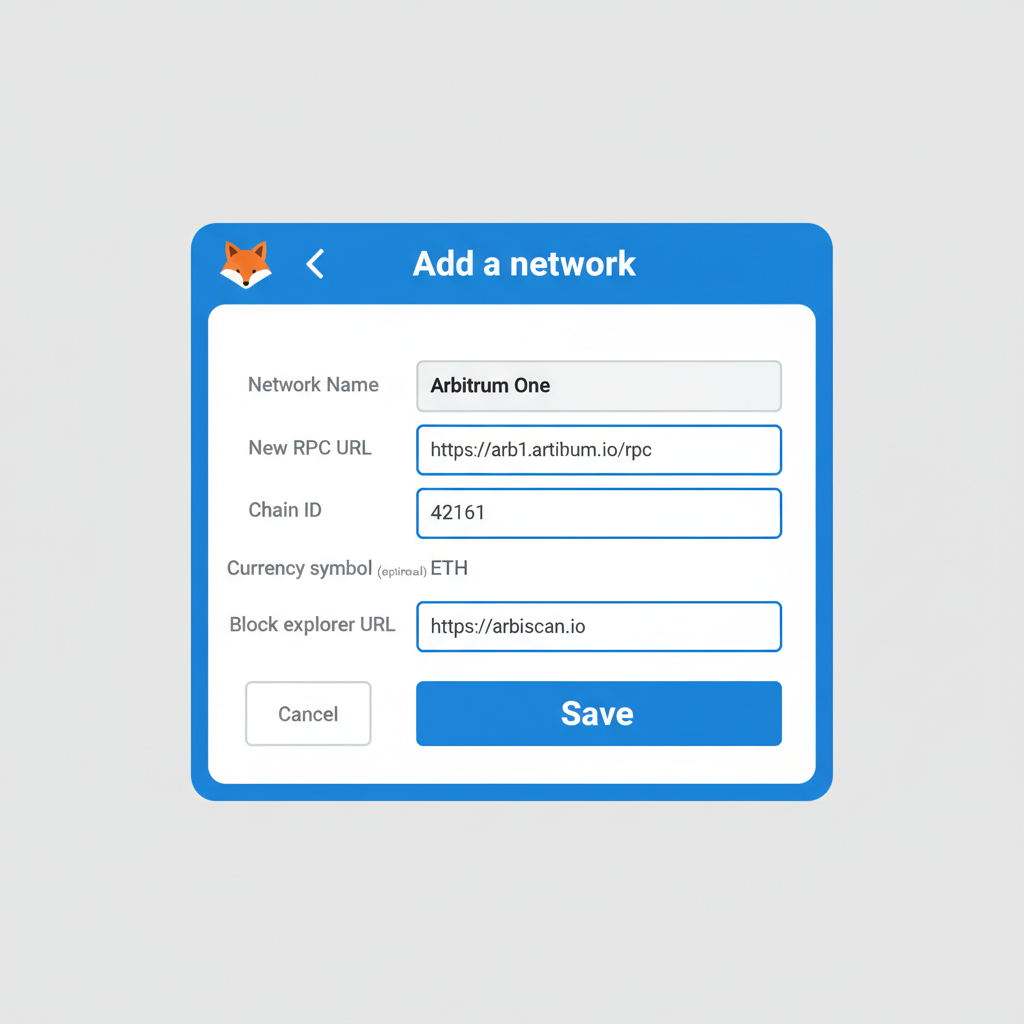 MetaMask add network screen showing Arbitrum One details filled in