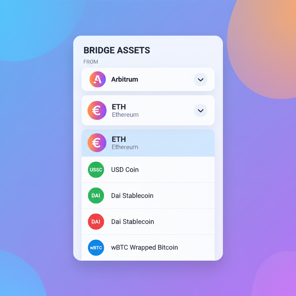 dropdown menu selecting ETH on Arbitrum bridge, token icons, vibrant