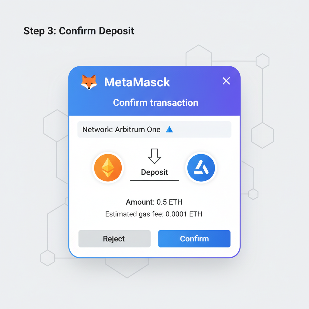 MetaMask confirmation popup for Arbitrum deposit transaction