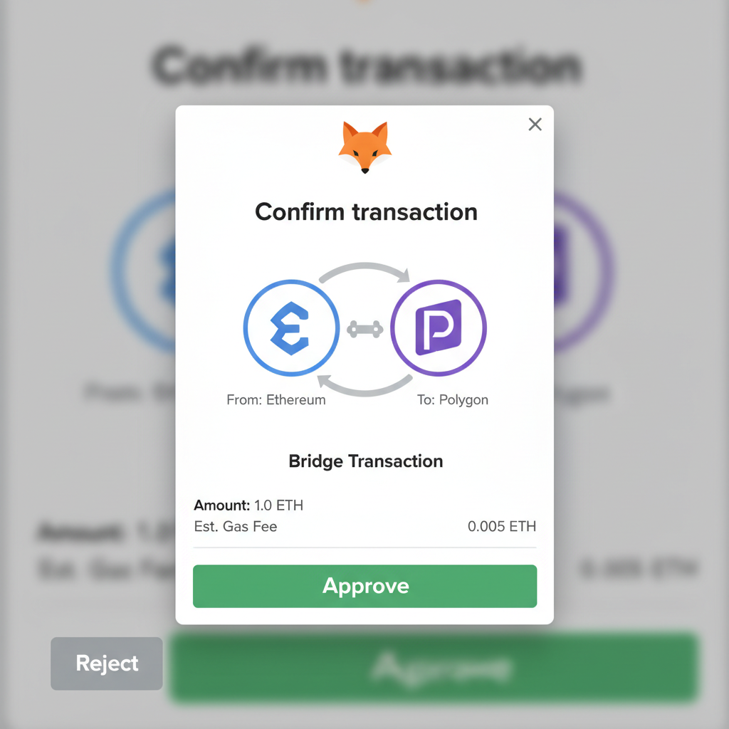 MetaMask confirmation screen for bridge tx, green approve button