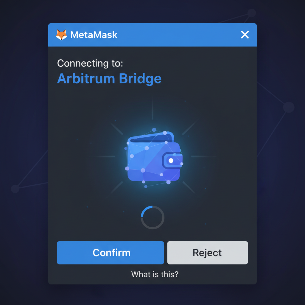 MetaMask popup connecting to Arbitrum bridge, wallet icon glowing, dark mode