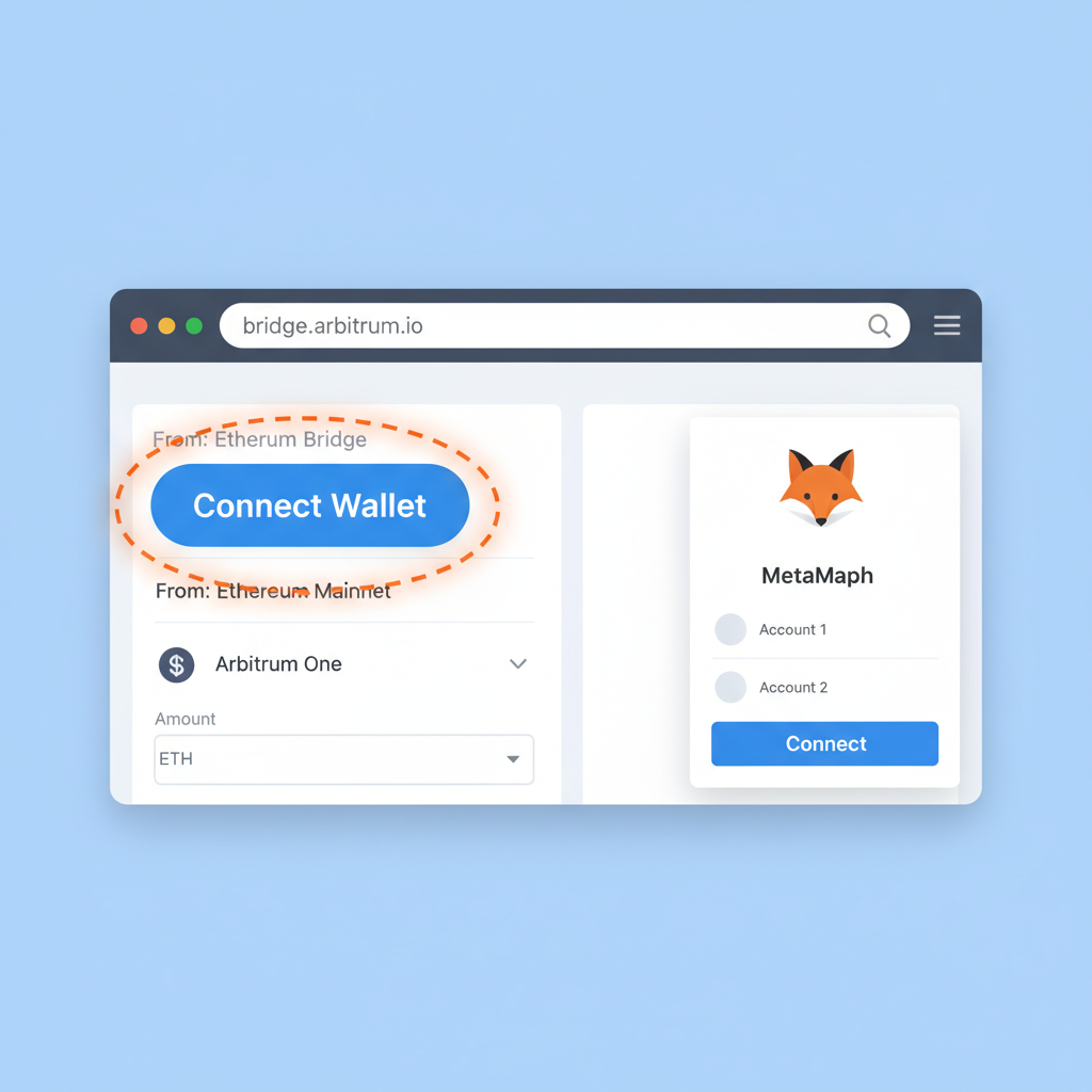 Arbitrum bridge UI with Connect Wallet button highlighted and MetaMask popup