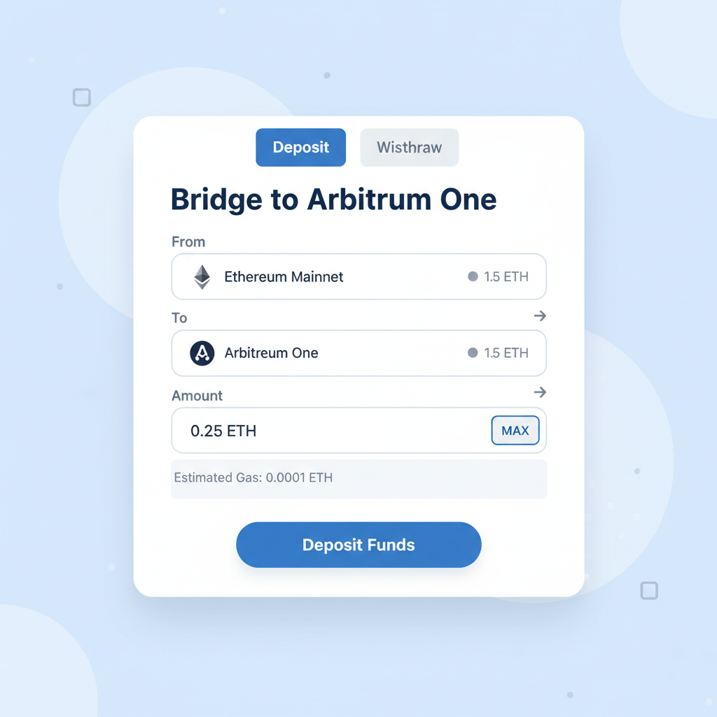 Arbitrum bridge interface showing Deposit tab selected, clean web design