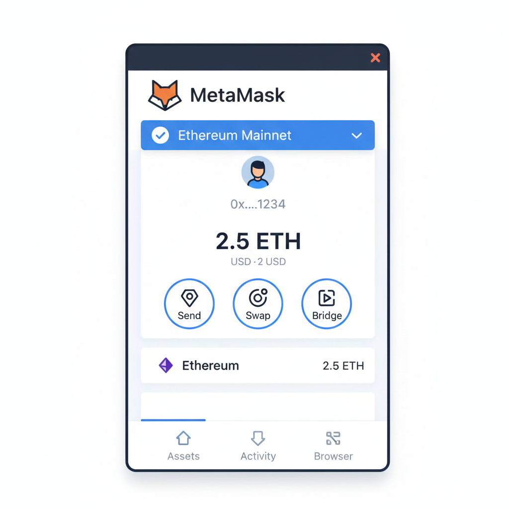 MetaMask wallet interface with Ethereum Mainnet selected in network dropdown, clean browser extension view