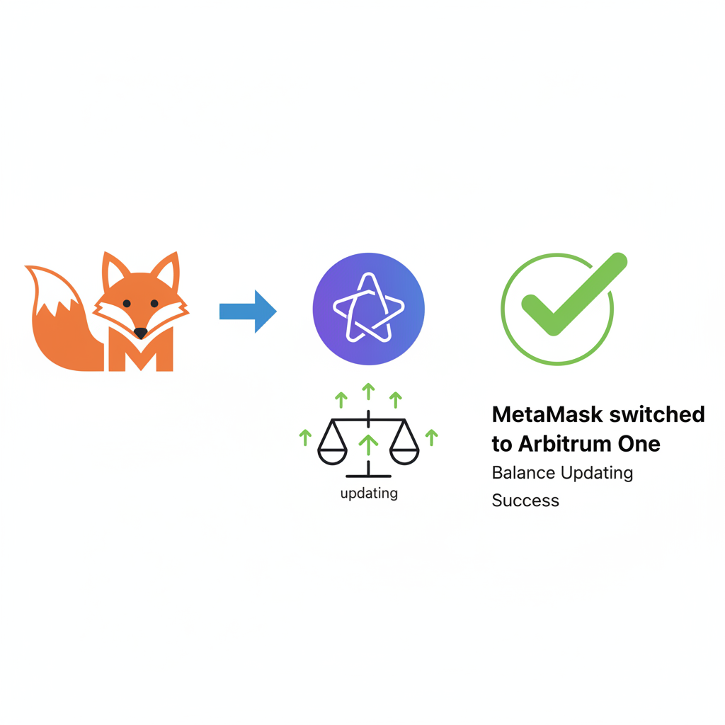 MetaMask switched to Arbitrum One, balance updating, success checkmark