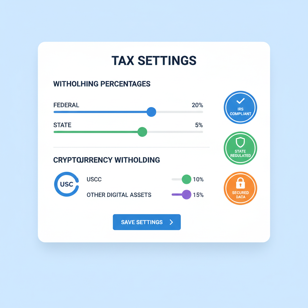 tax settings panel with sliders for withholding percentages, USDC icons, compliance badges