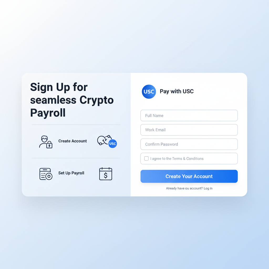 modern web dashboard signup screen for crypto payroll platform, clean UI, USDC logo