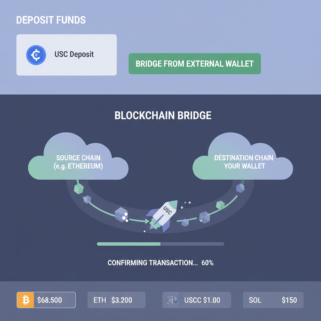wallet funding interface showing USDC deposit, blockchain bridge animation, price ticker