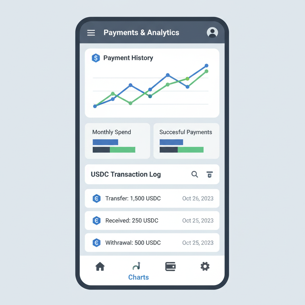 analytics dashboard with payment history charts, USDC transaction logs, mobile view