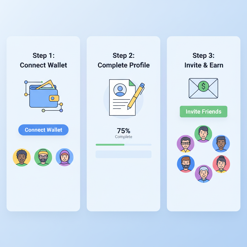 freelancer onboarding screen with invite button and wallet connect, diverse avatars
