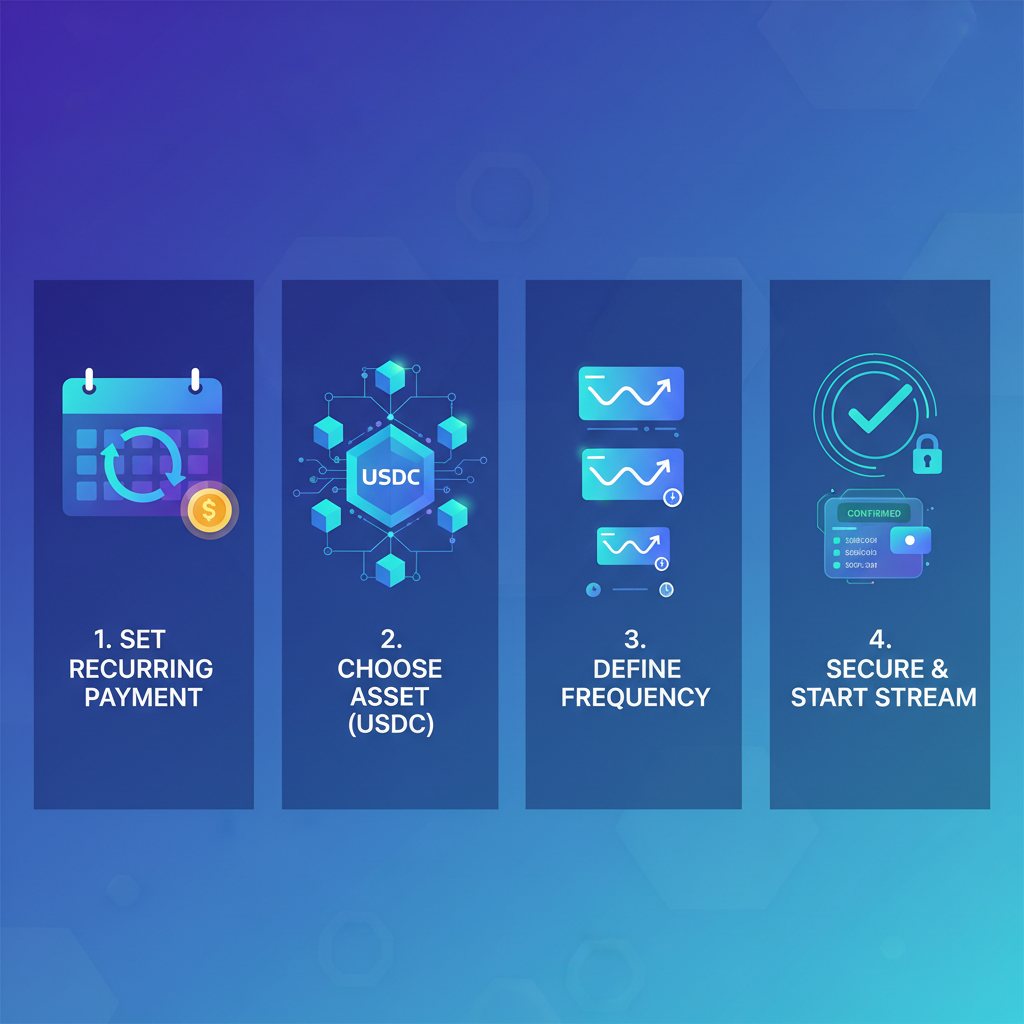 calendar scheduler for recurring USDC payments, stream icons, futuristic blockchain graphics