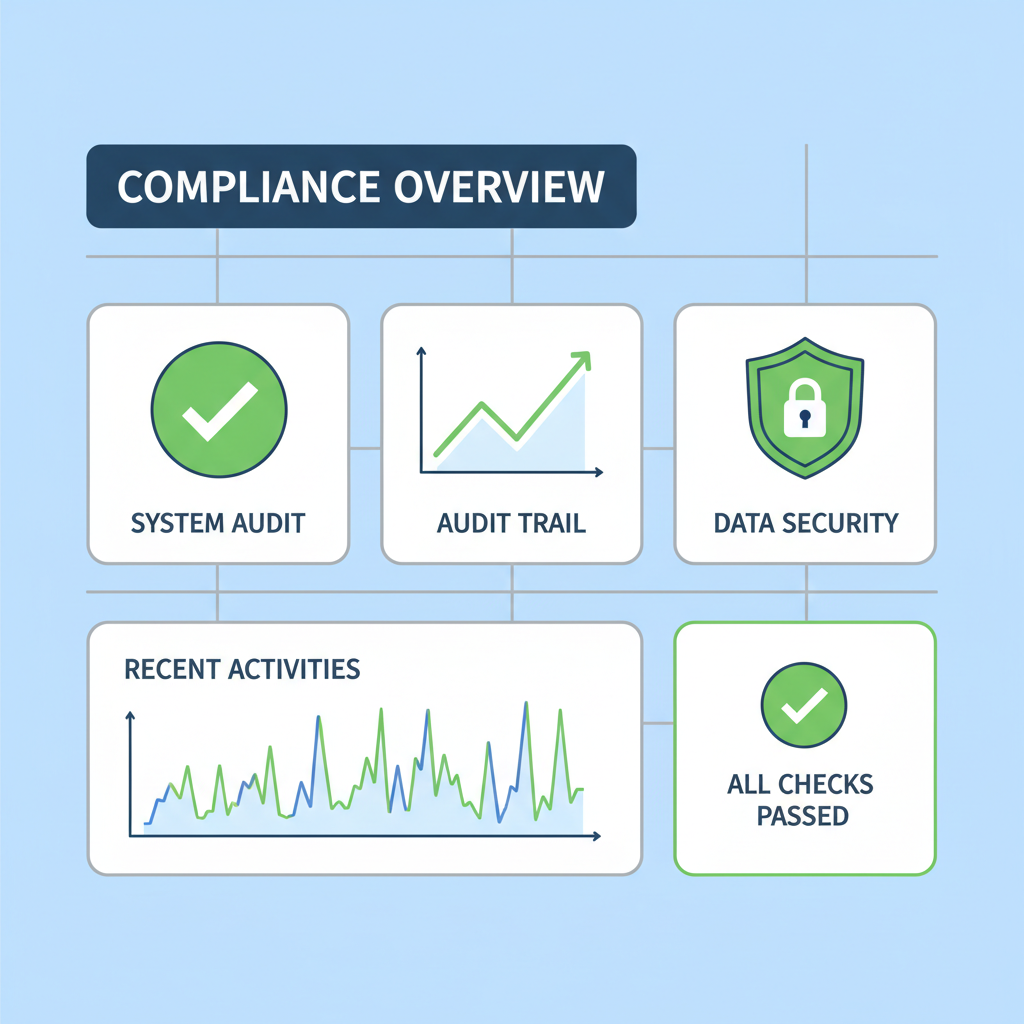 compliance dashboard with green checkmarks, audit trail graphs, secure shield