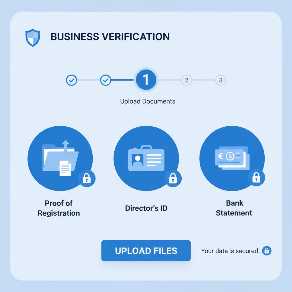 business verification interface with document upload icons, secure lock symbols, professional blue tones