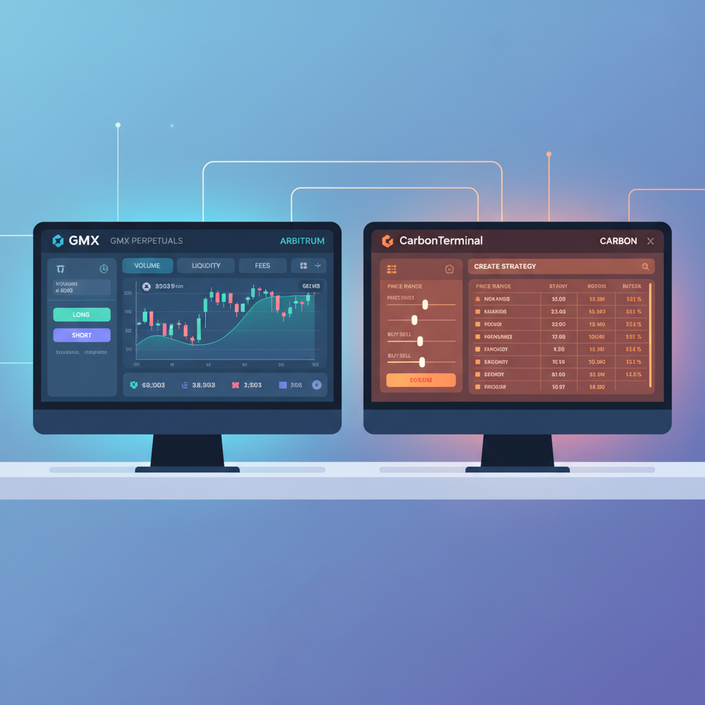 dual screen DEX dashboards GMX and CarbonTerminal on Arbitrum, trading interfaces glowing