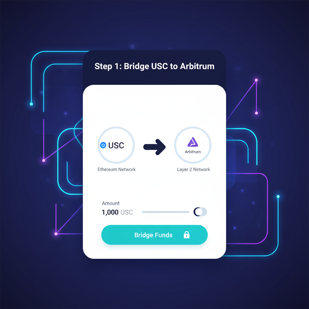 sleek wallet interface bridging USDC to Arbitrum network, neon DeFi charts background