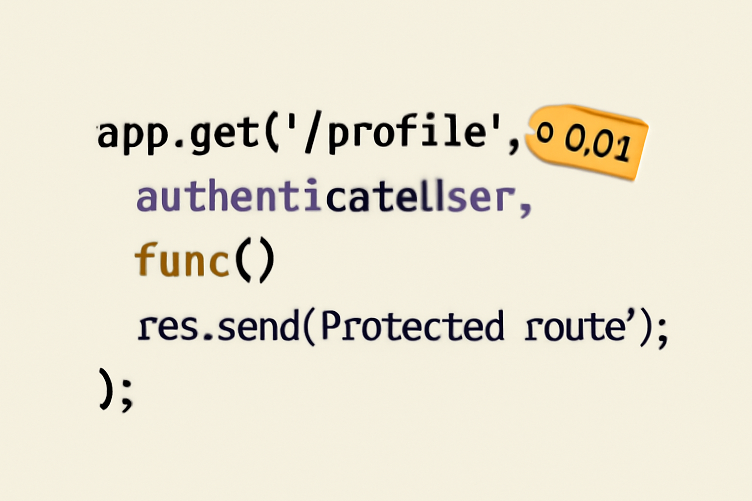 A code snippet showing route protection in Express, with a price tag of $0.01 next to the route definition.