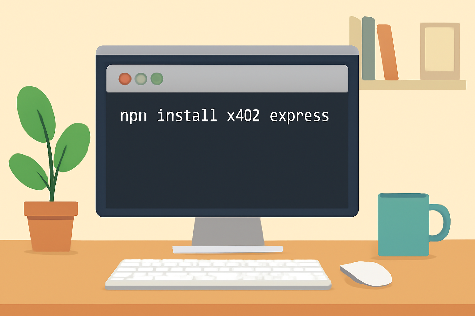 A terminal window with 'npm install x402-express' being typed, showing a modern developer workspace.