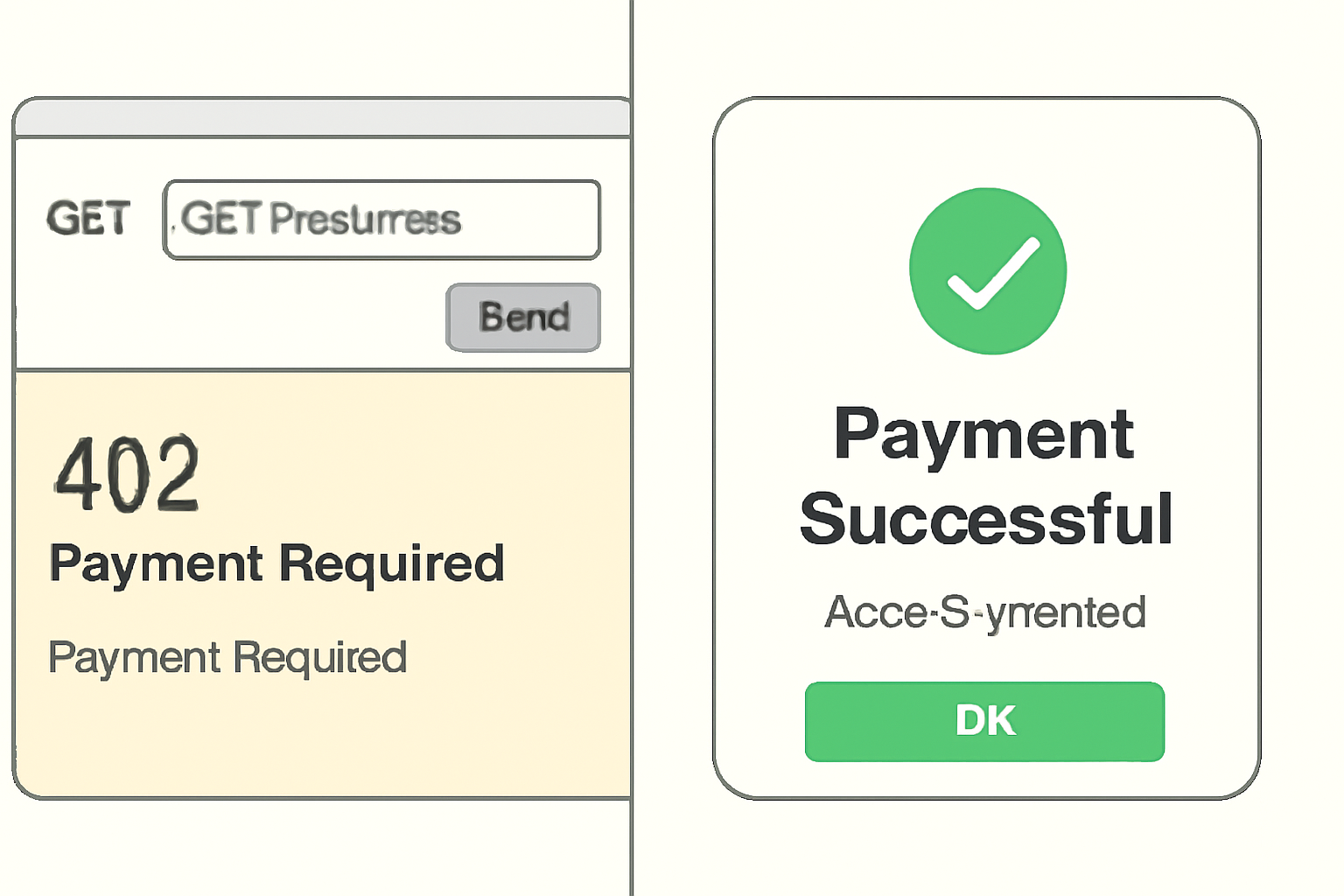 A split-screen: left shows a 402 Payment Required response in an API client, right shows a successful payment confirmation and access granted.