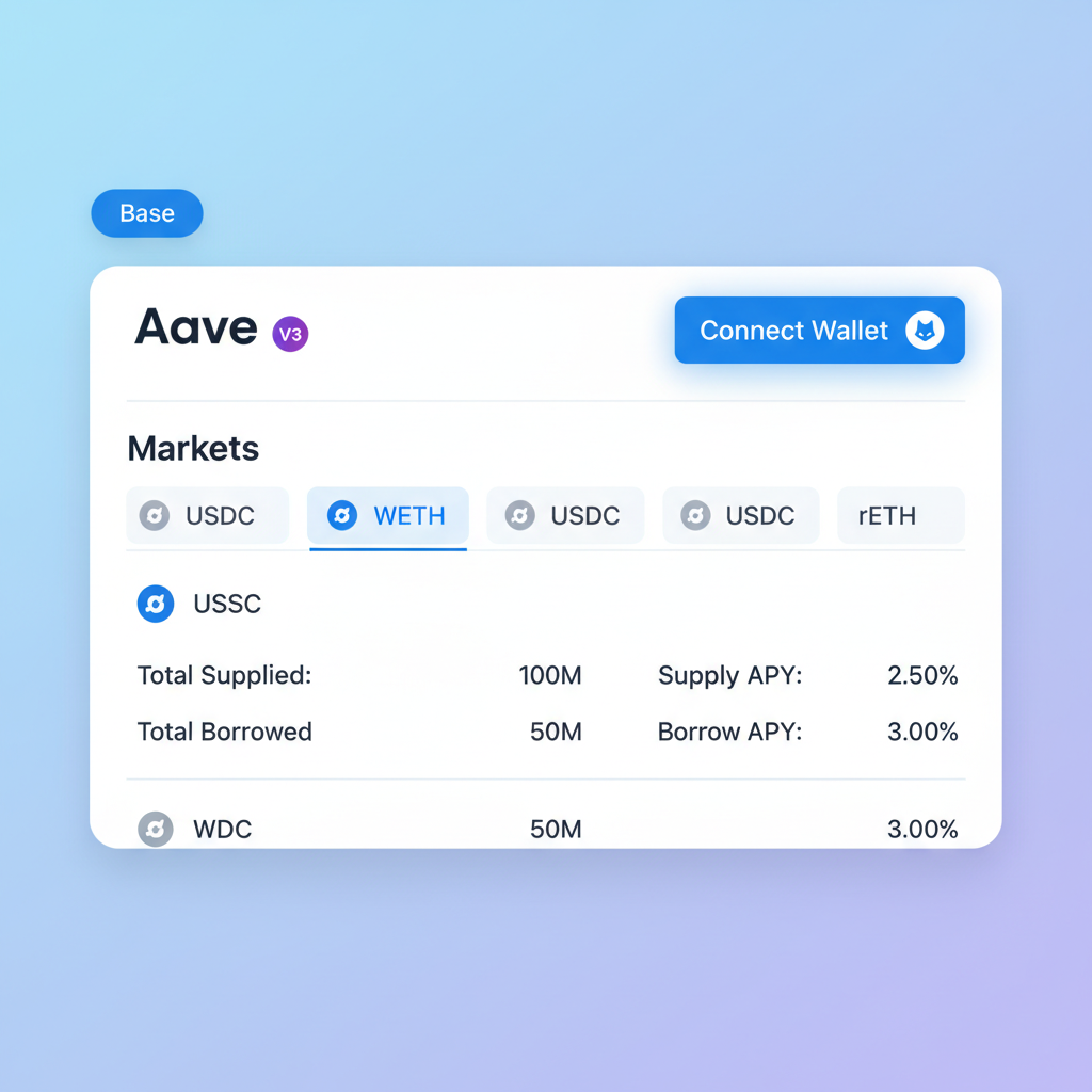Aave V3 dashboard on Base, connect MetaMask button highlighted, USDC markets visible