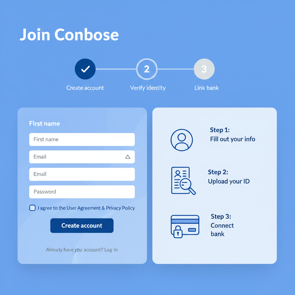 clean screenshot of Coinbase signup and verification page, modern blue UI, step-by-step onboarding