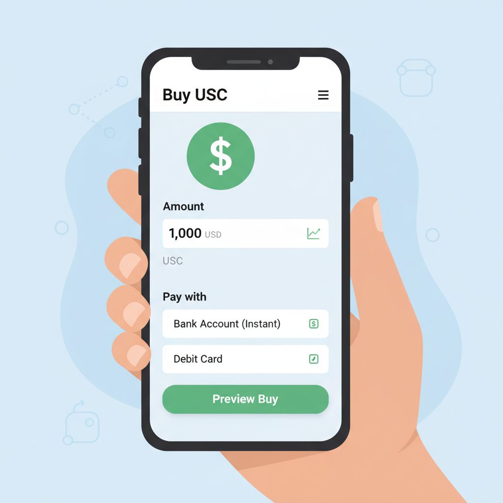Coinbase app interface showing USDC purchase screen, fiat deposit options, green buy button