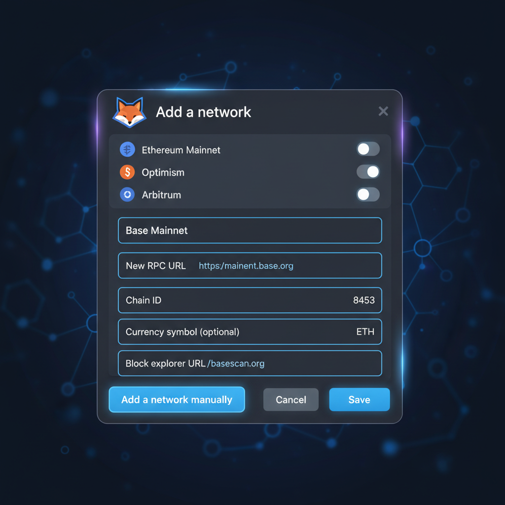 MetaMask wallet popup adding custom Base network, RPC details visible, dark mode UI