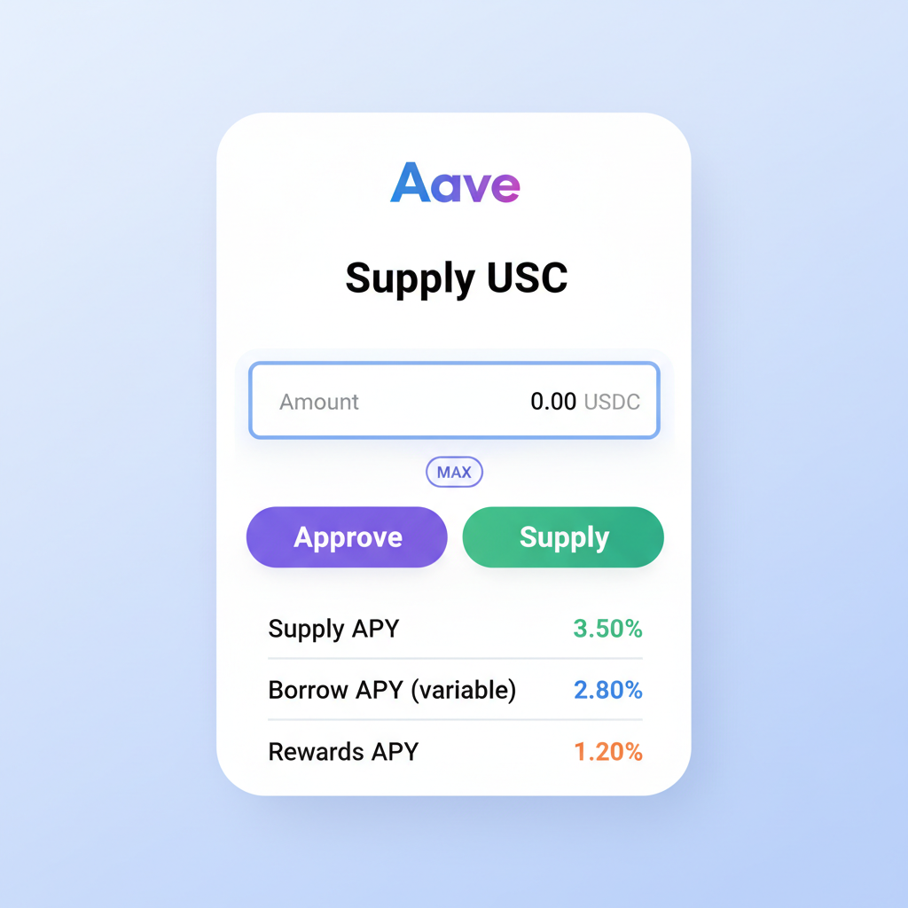 Aave supply USDC interface, amount input, approve and supply buttons, yield stats shown